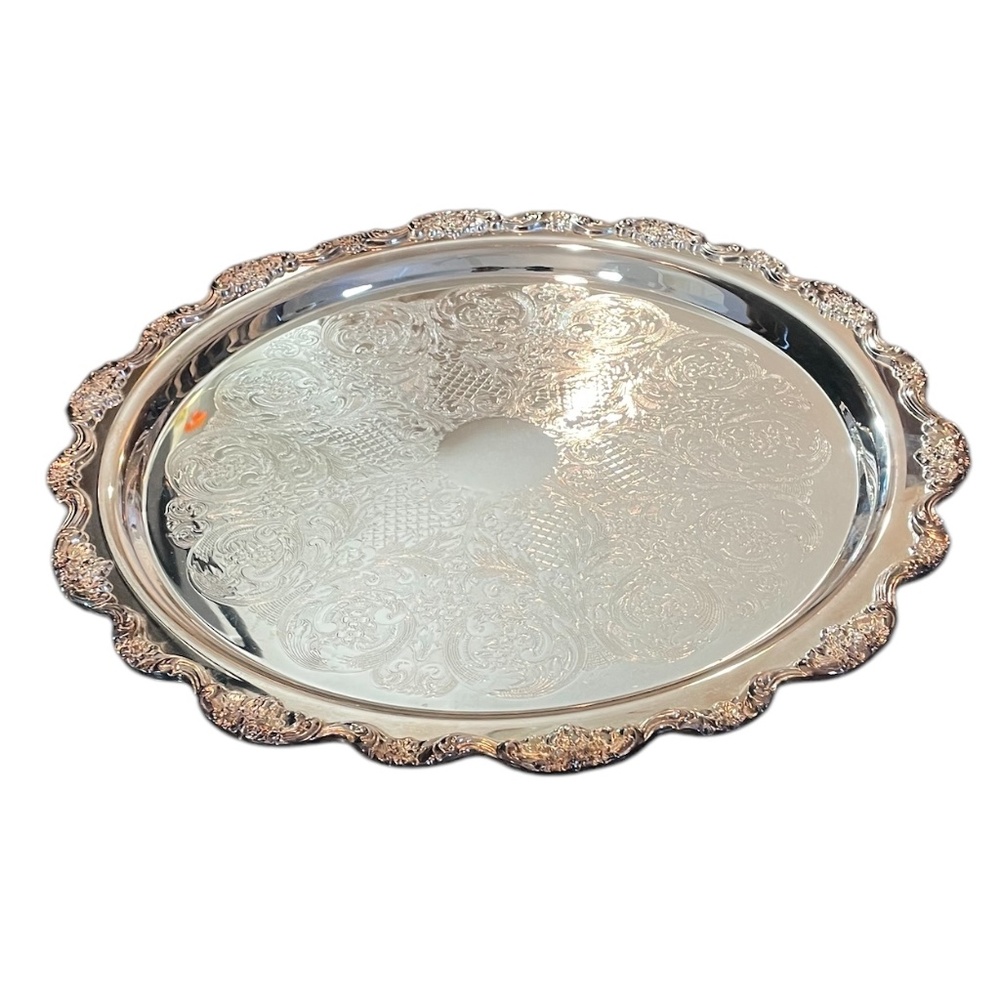 Vintage‎ Towle Victorian Silver Plated Round Scroll Etched Floral RimTray